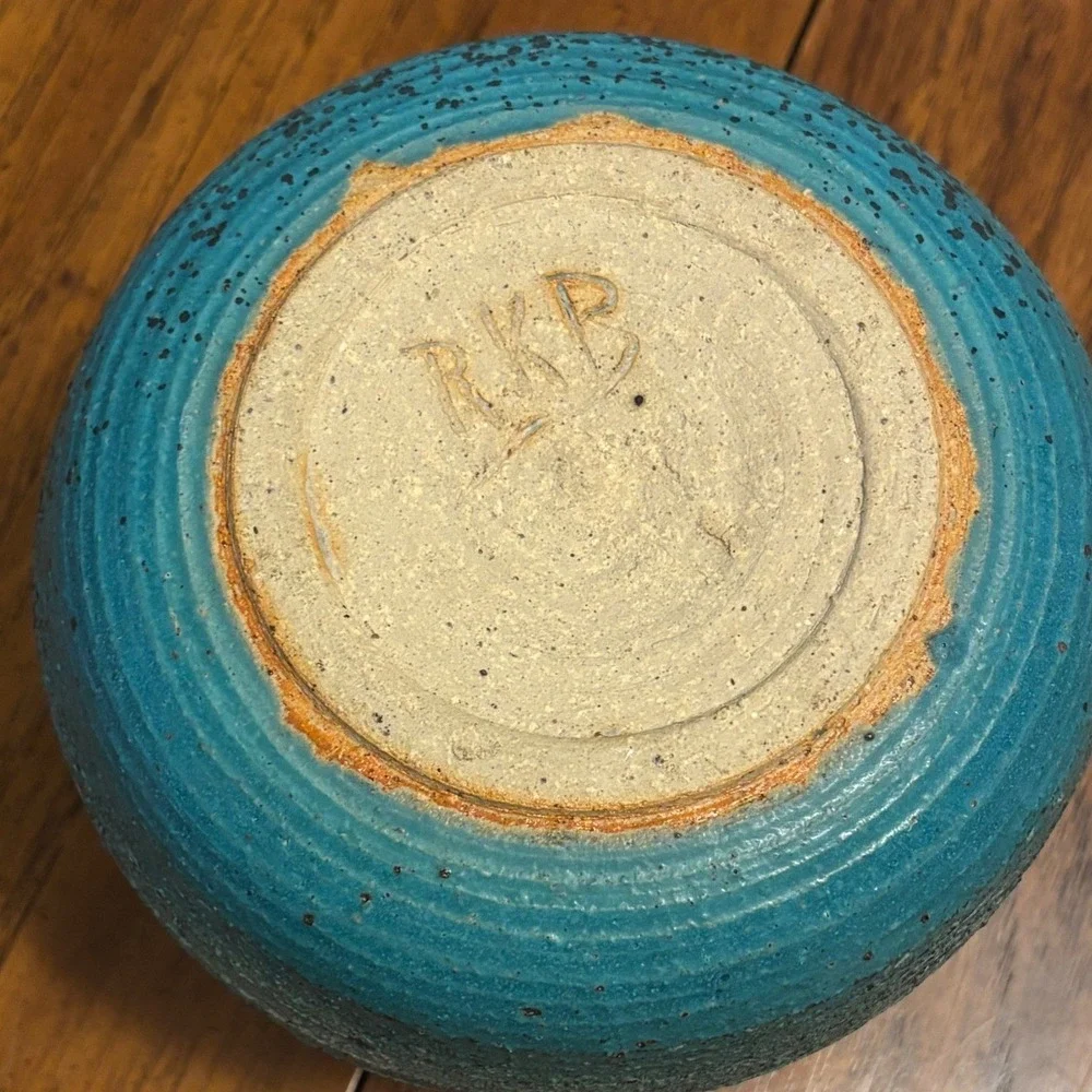 Stoneware Pottery Turquoise Blue Ribbed Textured‎ Vase Pot Signed Brutalist 5.5